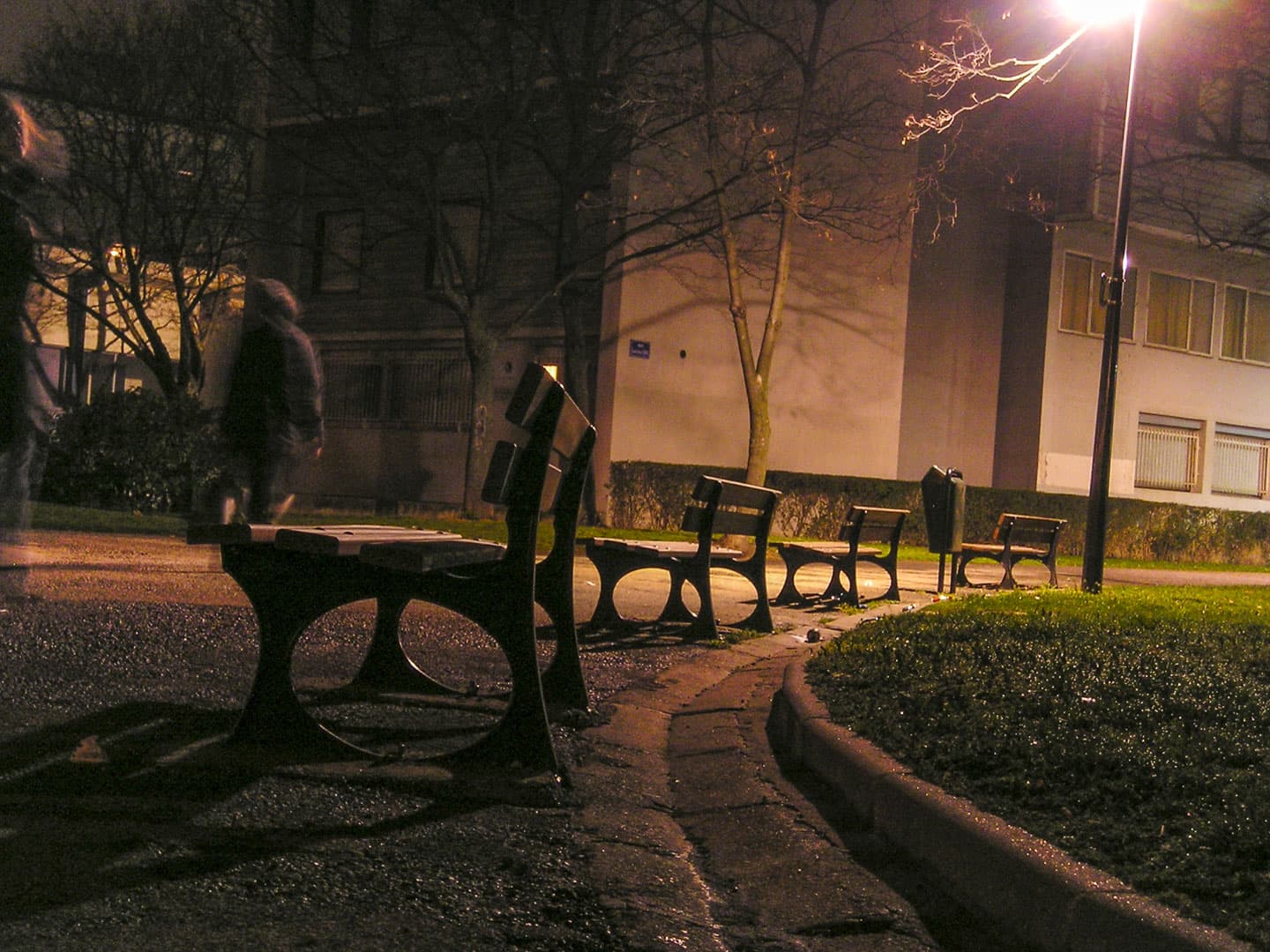 Benches of the Olympic Village at “Quartier Villeneuve” by night in Grenoble, France