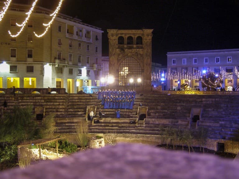 Ancient Roman amphitheater in Lecce at night
