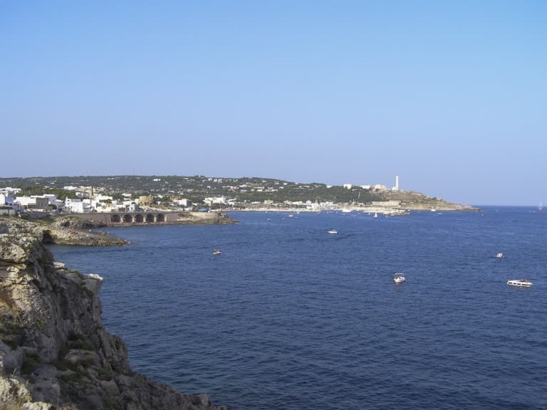 View of the sea and the lighthouse of the tip of Santa Maria di Leuca in Puglia