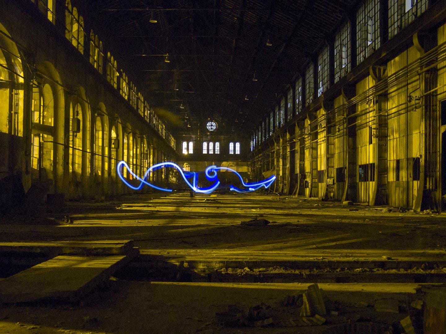 Light Painting at the Abandoned Train Repairing Workshop in Turin, Italy