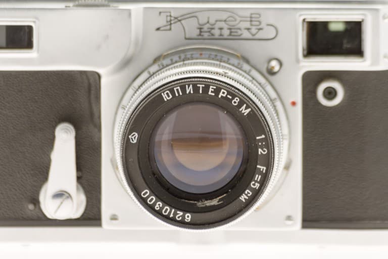 Kiev 4A (Киев) – Soviet 35mm Rangefinder Film Camera Jupiter 8m Lens Front View